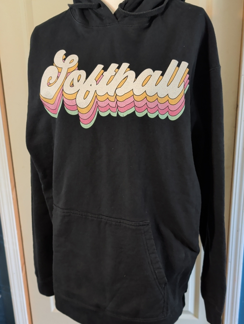 Women's Black Hoodie with Retro 'Softball' Graphic